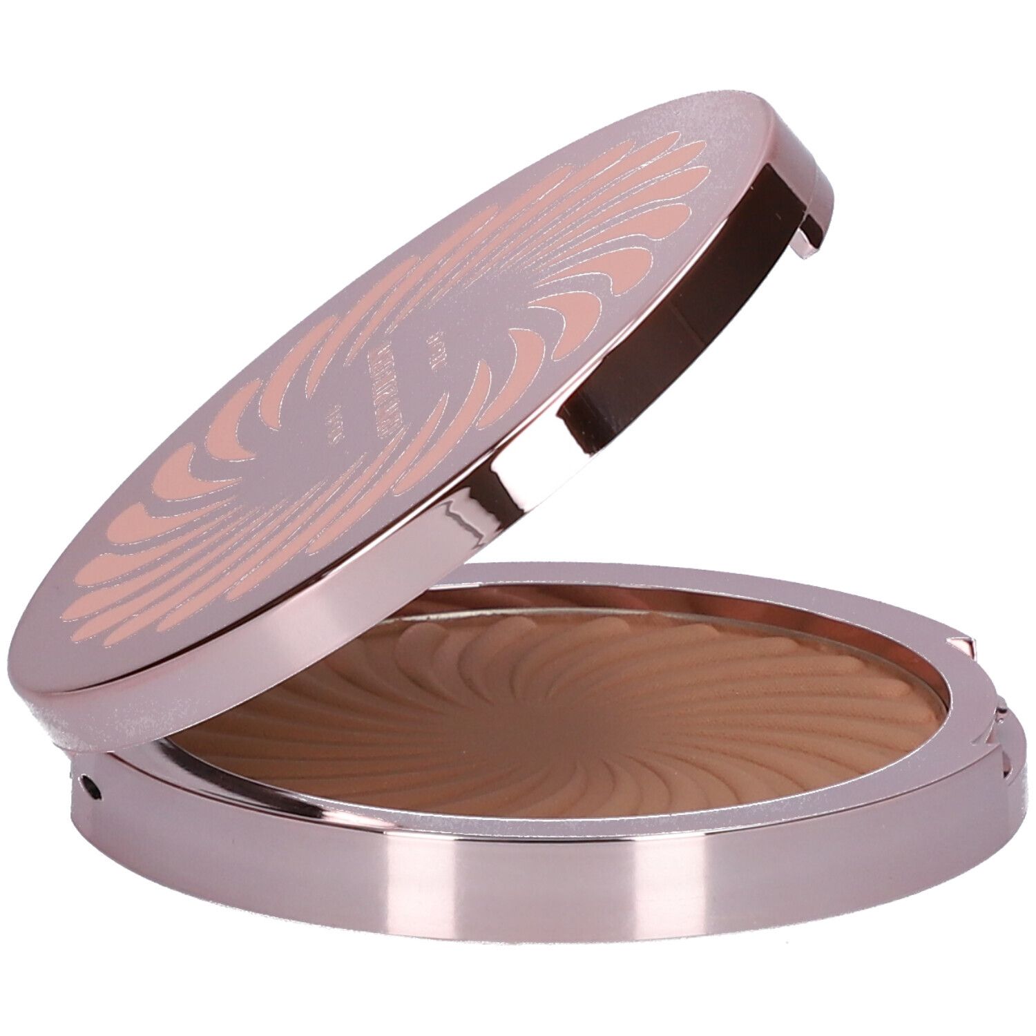 Bronzer-Kompaktpuder, geöffnet. Roséfarbenes Gehäuse, braunes Puder mit Wirbelmuster. Deckel mit Muster.