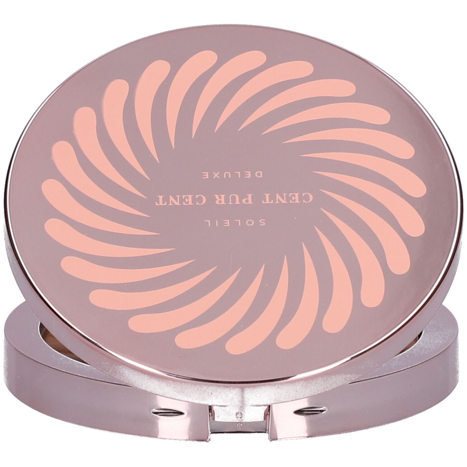 Geschlossener Bronzer-Kompaktpuder. Roséfarbenes Gehäuse, Deckel mit Wirbelmuster und Schriftzug.