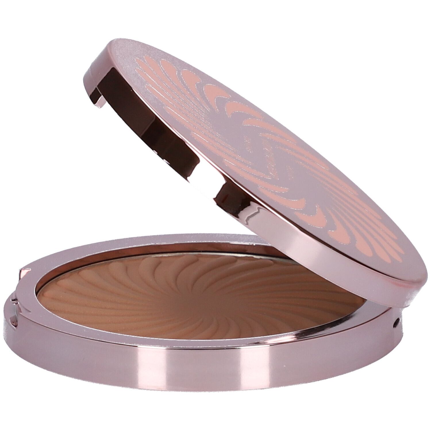 Bronzer-Kompaktpuder, geöffnet. Roséfarbenes Gehäuse, braunes Puder mit Wirbelmuster. Deckel mit Muster.