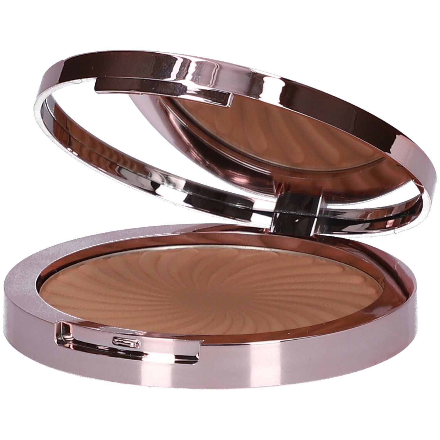 Runder Bronzer-Kompaktpuder mit Spiegel. Geöffnet, braunes Puder mit Wirbelmuster. Roséfarbenes Gehäuse.