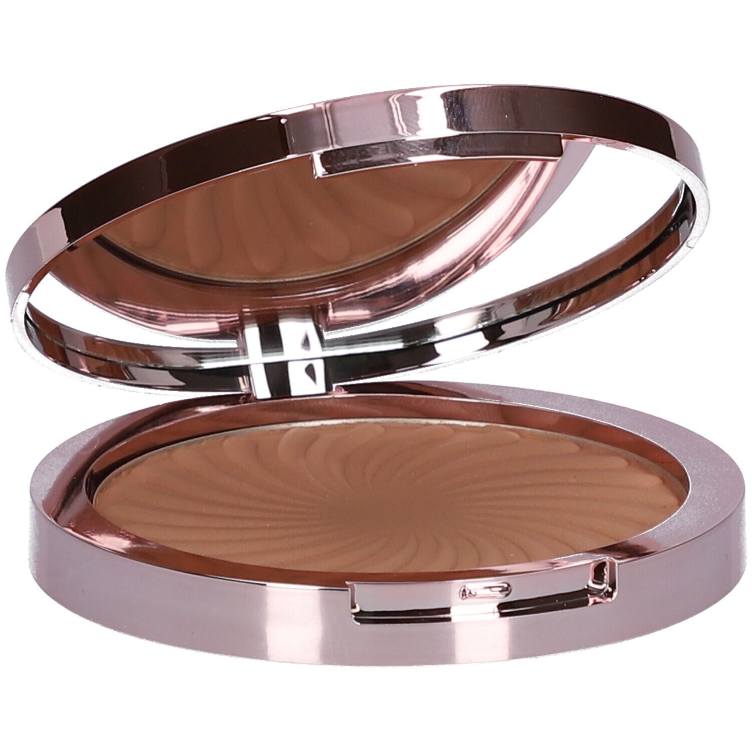 Runder Bronzer-Kompaktpuder mit Spiegel. Geöffnet, braunes Puder mit Wirbelmuster. Roséfarbenes Gehäuse.
