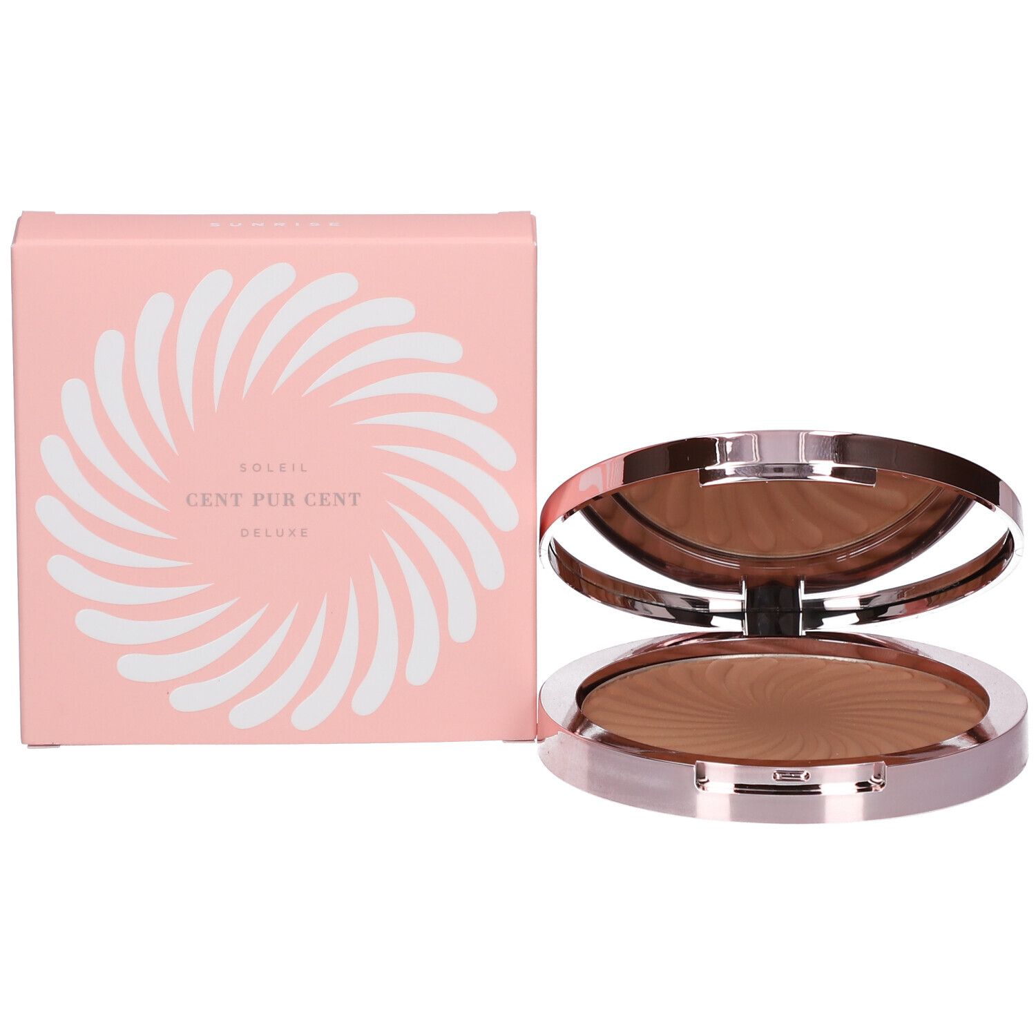 Bronzer-Kompaktpuder mit Verpackung. Rosa Verpackung mit weißem Wirbelmuster und Text.