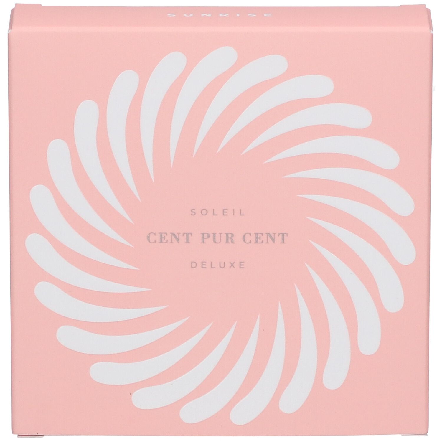 Rosa Verpackung mit weißem Wirbelmuster und Text. Produktname: CENT PUR CENT Soleil Deluxe.