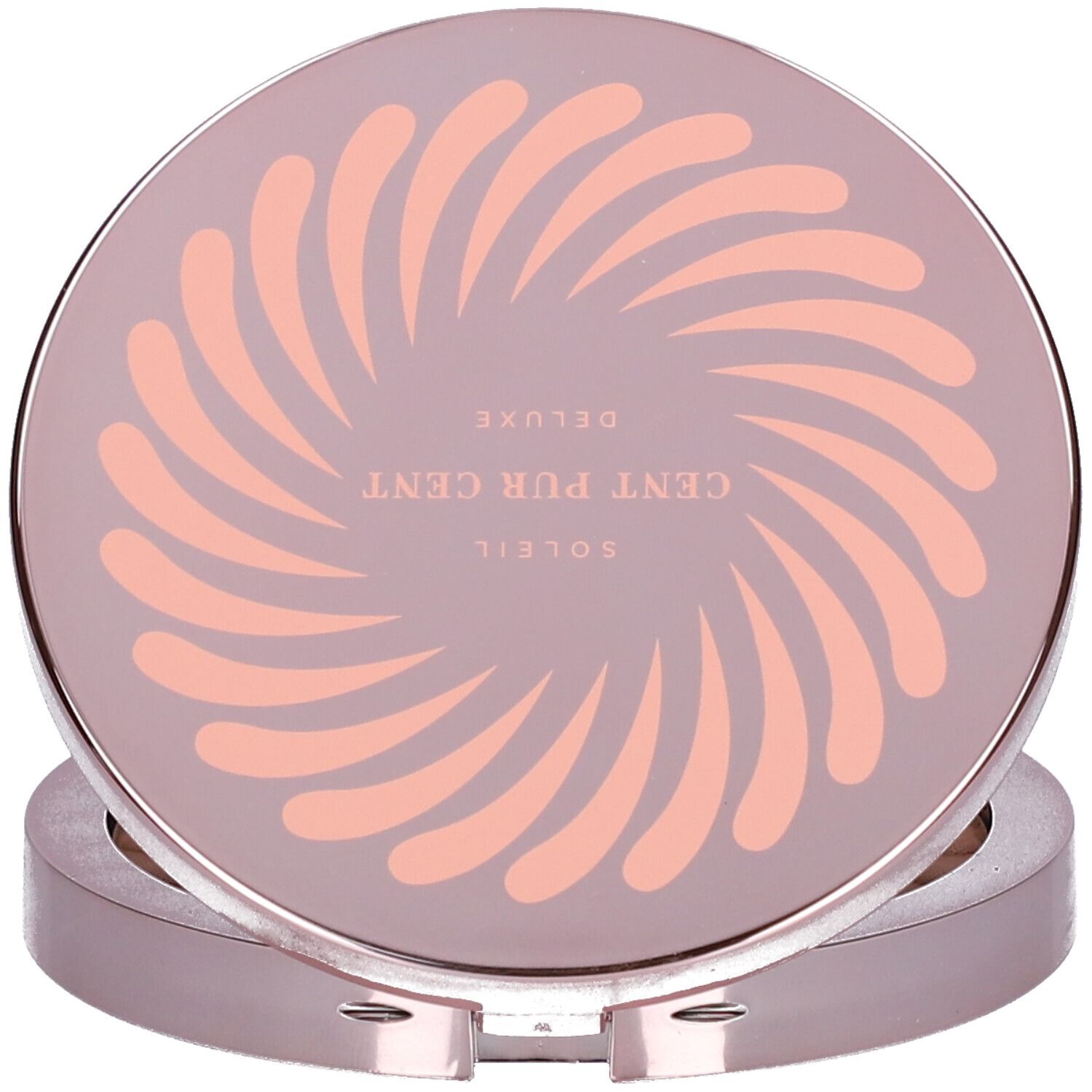 Geschlossener Kompaktpuder. Roségoldfarbenes Gehäuse mit spiralförmigem Muster und Text. Produktname: CENT PUR CENT Soleil Deluxe.