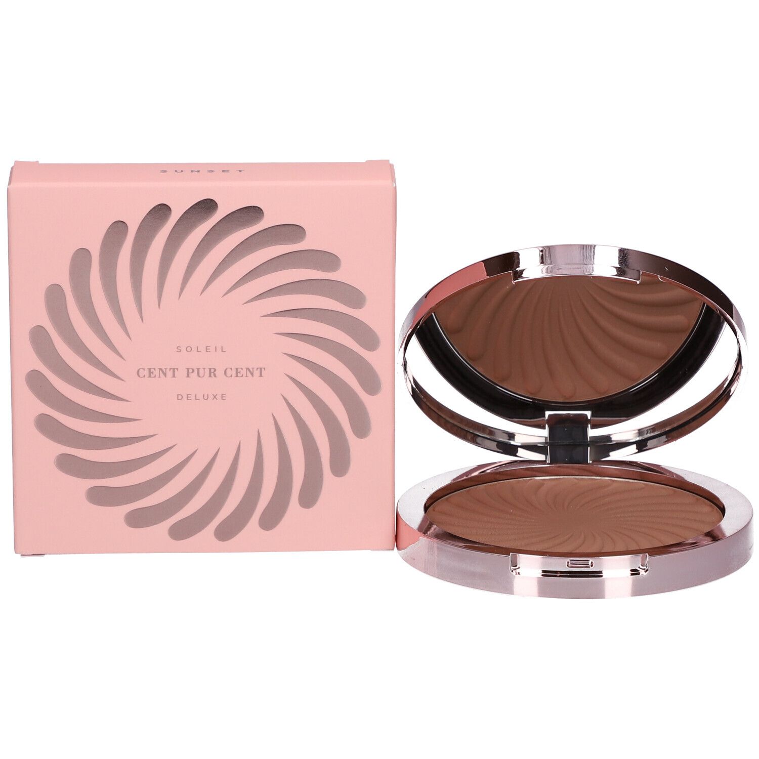 Kompaktpuder mit Verpackung. Rosa Schachtel mit Produktname und spiralförmigem Muster. Offener Puder mit Spiegel.