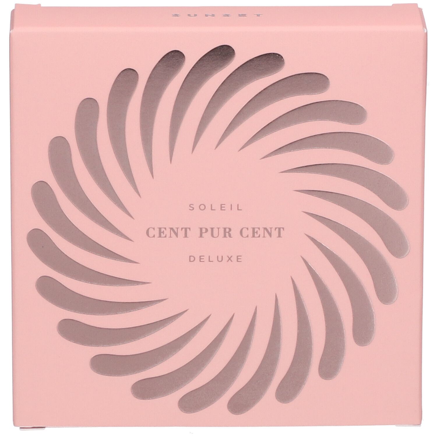 Rosa Verpackung mit spiralförmigem Muster und Produktnamen: CENT PUR CENT Soleil Deluxe. Gehäuse-Ausschnitt.