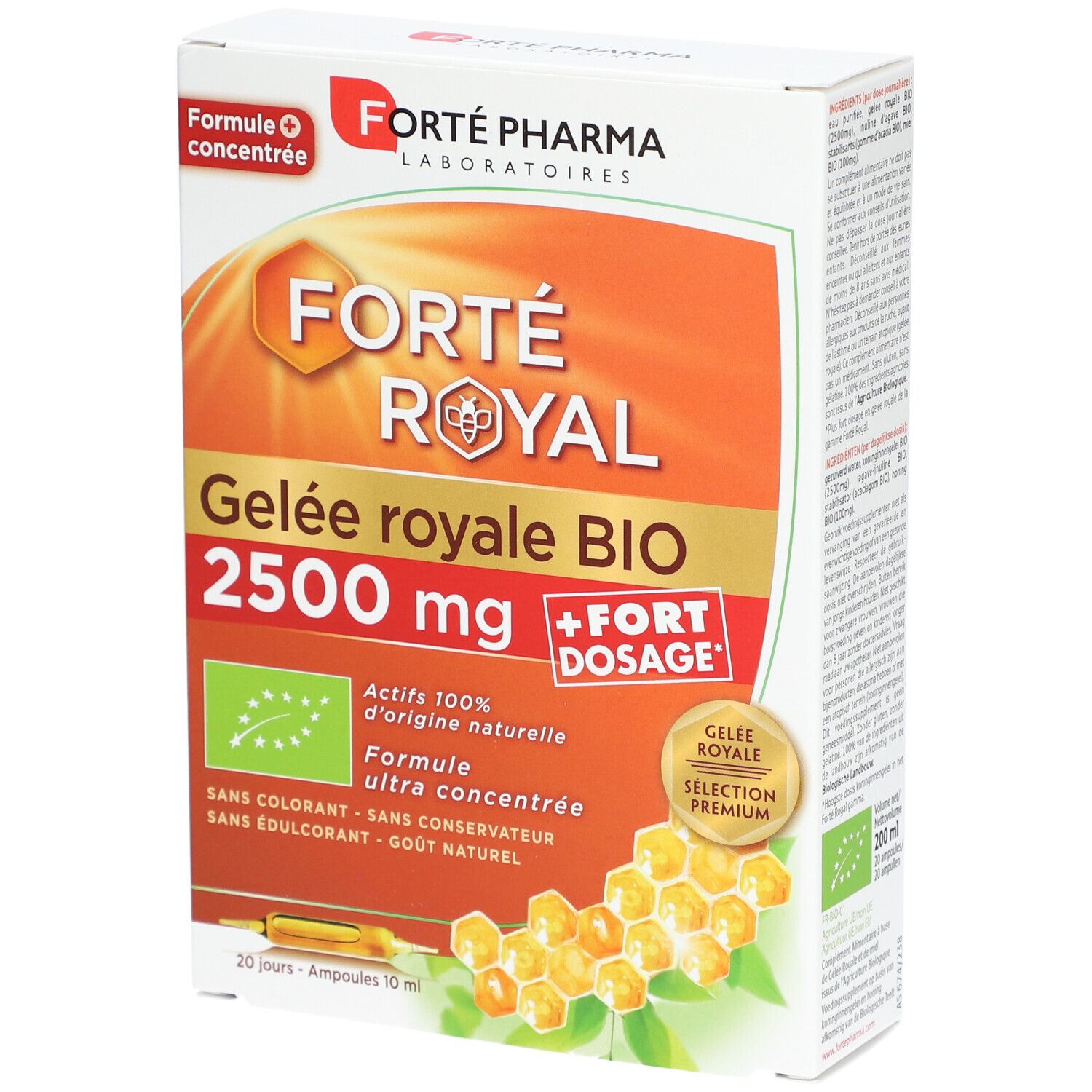 Boîte de Forté Pharma Gelée royale BIO 2500 mg. Contient 20 ampoules. Label bio et mention 'Gelée royale BIO'.