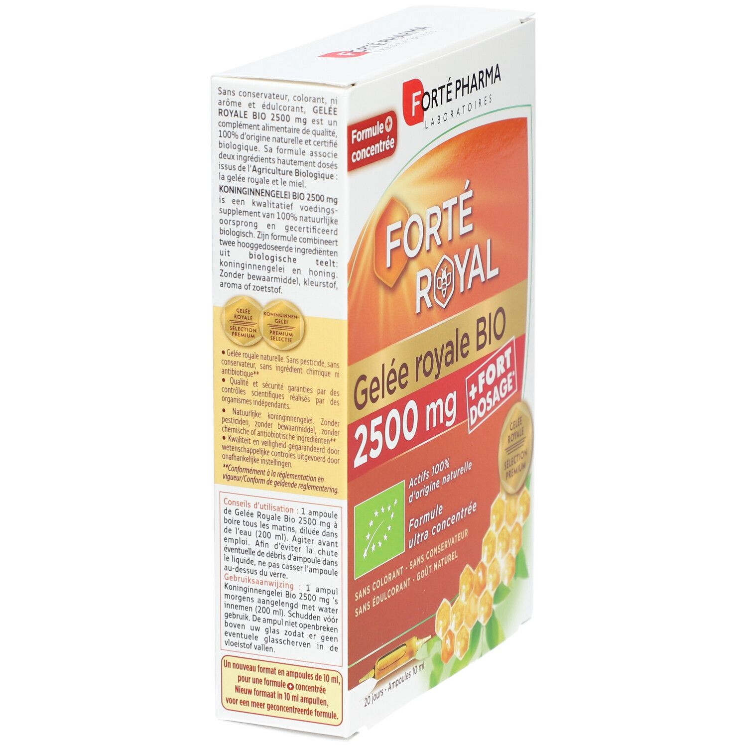 Vue en biais de la boîte de Forté Pharma Gelée royale BIO 2500 mg. Label bio et texte. Contient 20 ampoules.