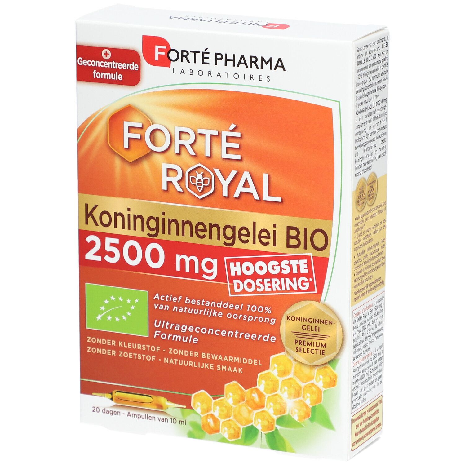 Boîte de Forté Pharma Gelée royale BIO 2500 mg. Label bio et 'Hoogste Dosering'. Contient 20 ampoules.
