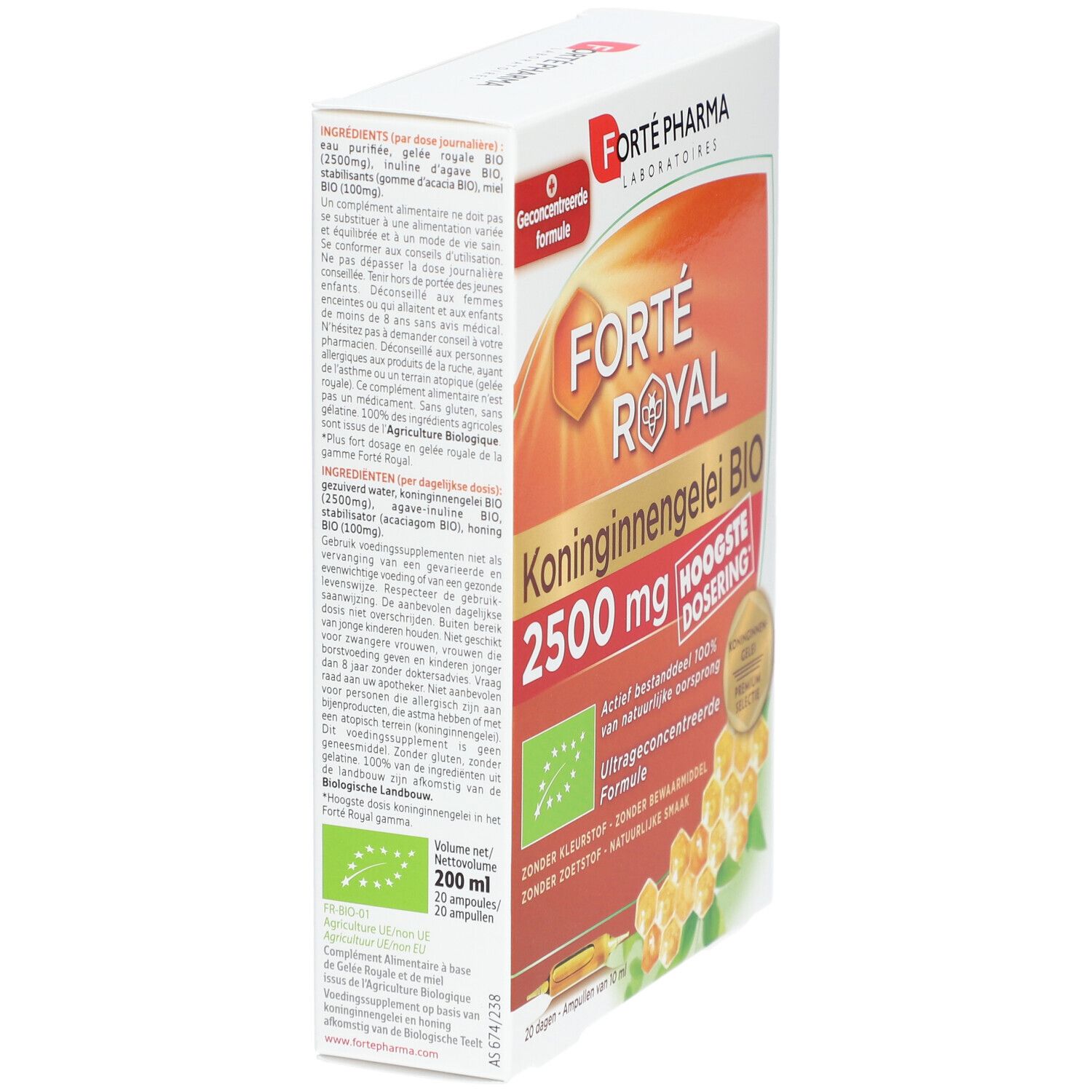 Vue en biais de la boîte de Forté Pharma Koninginnengelei Bio 2500 mg. Label bio et texte. 20 ampoules.