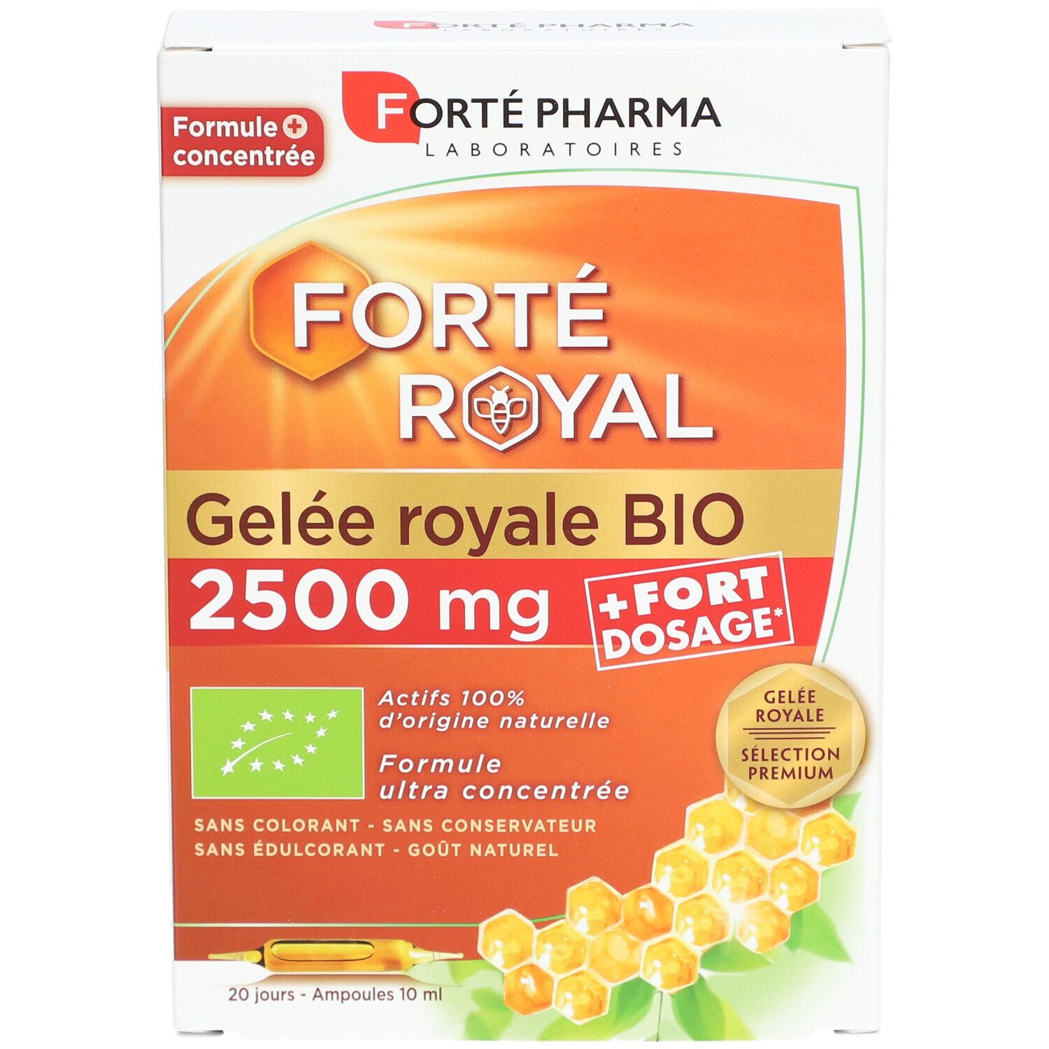 Boîte de Forté Pharma Gelée royale BIO 2500 mg. Label bio et texte. Contient 20 ampoules.