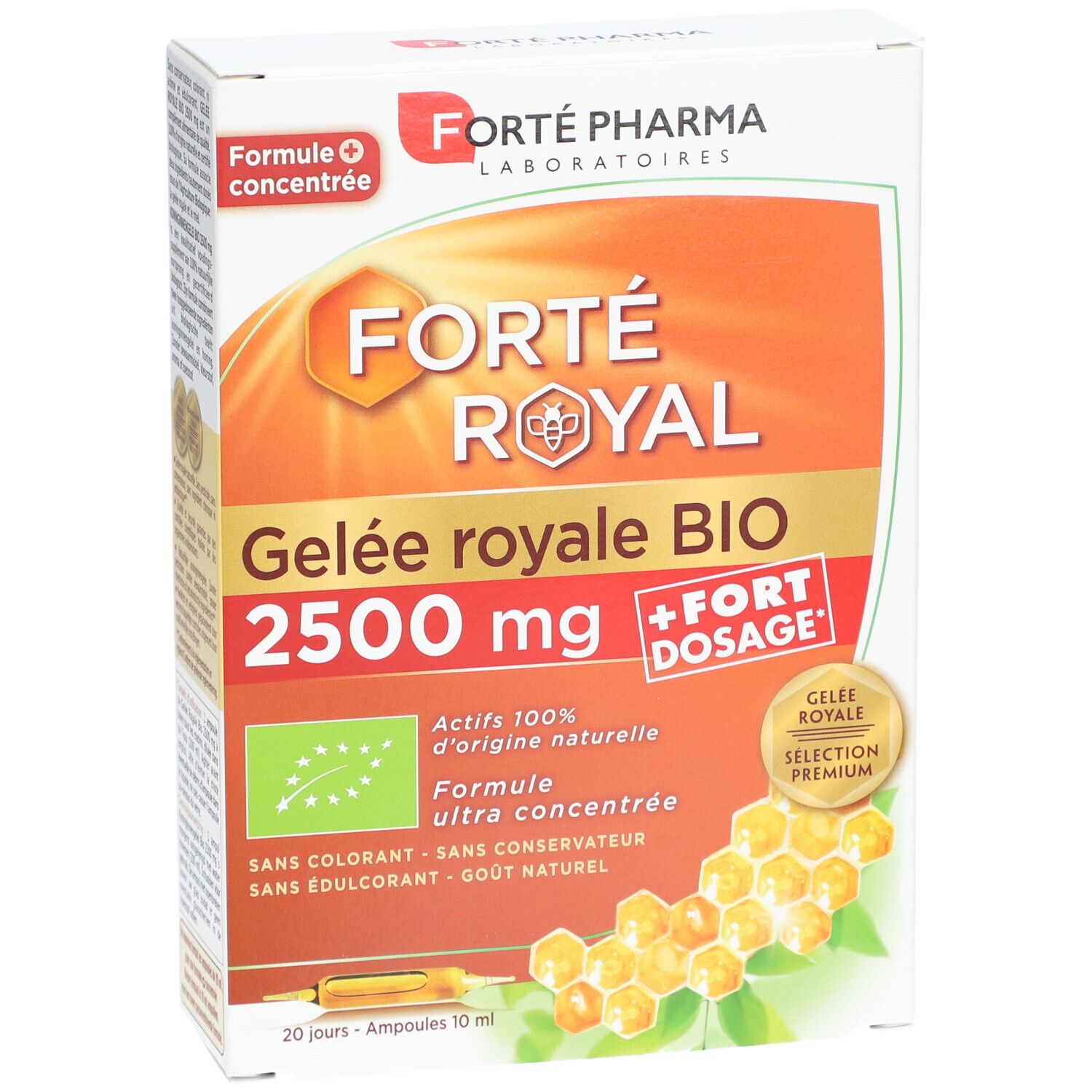 Boîte de Forté Pharma Gelée royale BIO 2500 mg. Label bio et texte. Contient 20 ampoules.