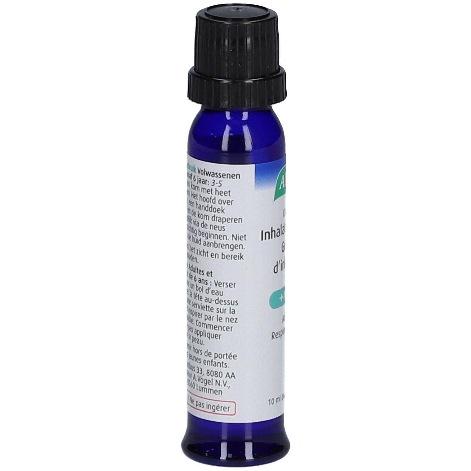 Blaue Flasche mit schwarzem Verschluss. Beschriftung und Text in mehreren Sprachen.