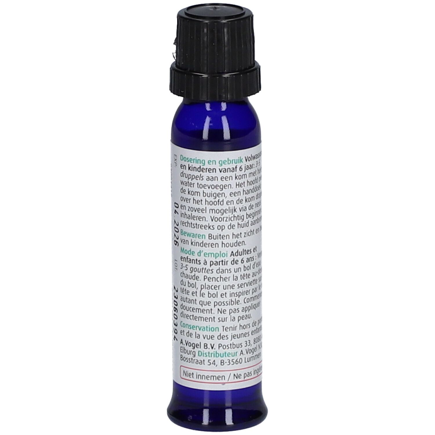 Blaue Flasche mit schwarzem Verschluss. Text in mehreren Sprachen, Dosierungsanleitung.