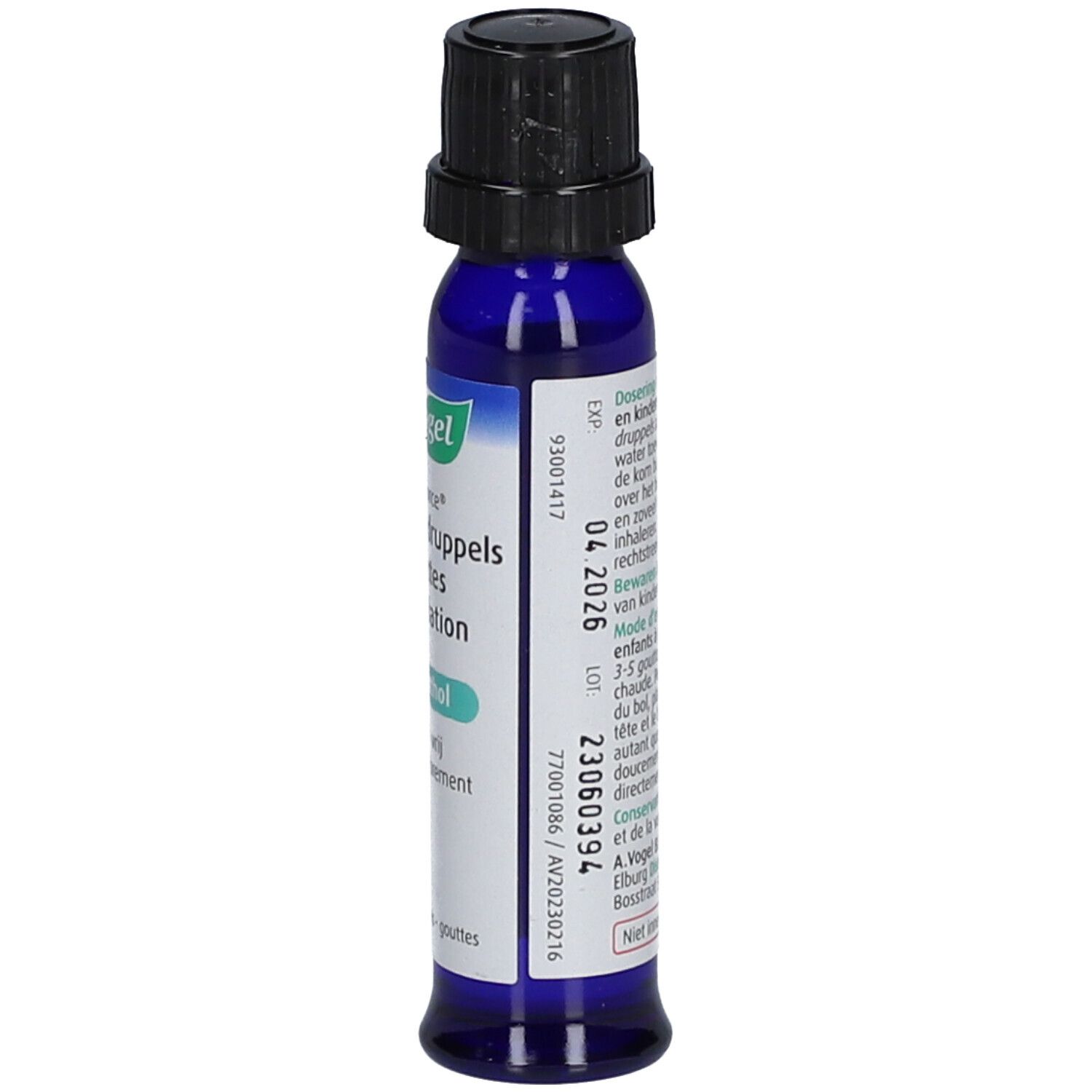 Blaue Flasche mit schwarzem Verschluss. Beschriftung, Haltbarkeitsdatum und Chargennummer.