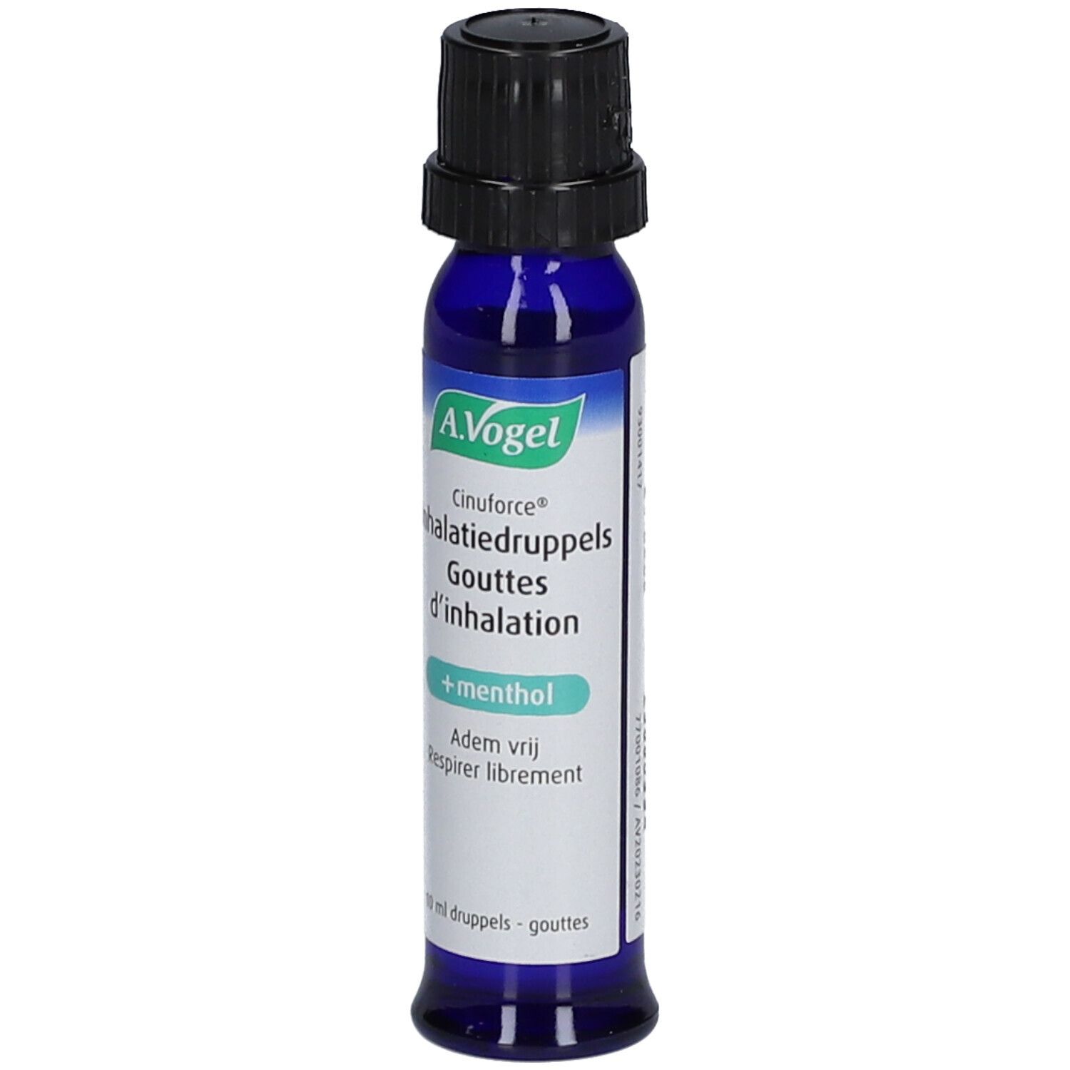 Blaue Flasche mit schwarzem Verschluss. Beschriftung: A.Vogel Cinuforce Inhalatiedruppels + Menthol.