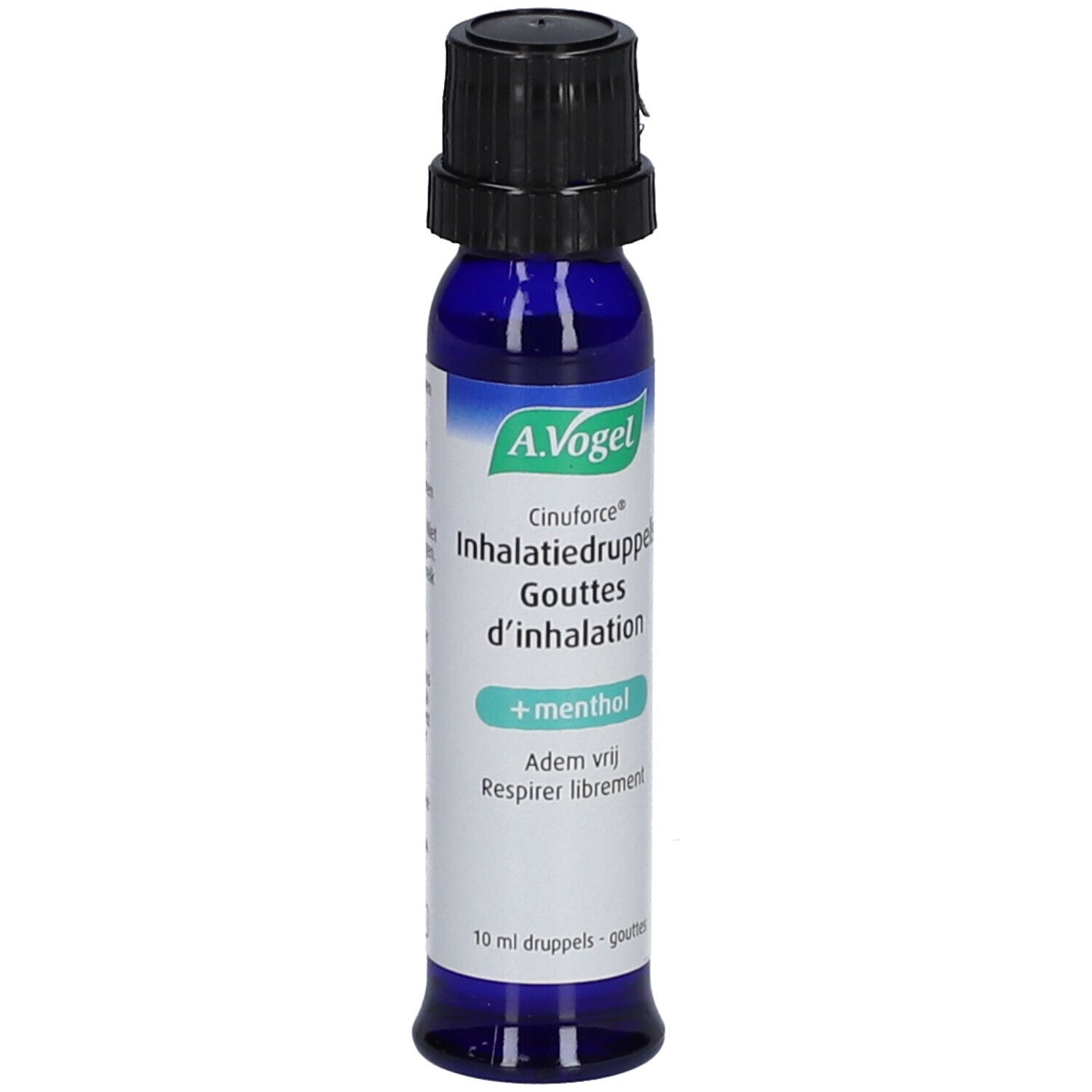 Blaue Flasche mit schwarzem Verschluss. Beschriftung: A.Vogel Cinuforce Inhalatiedruppels + Menthol.