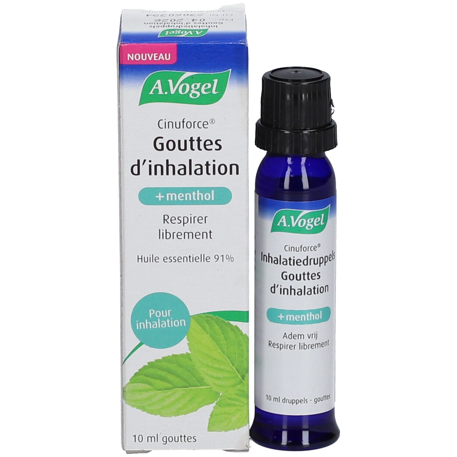 Produktflasche und Verpackung. Beschriftung: A.Vogel Cinuforce Inhalatiedruppels + Menthol.
