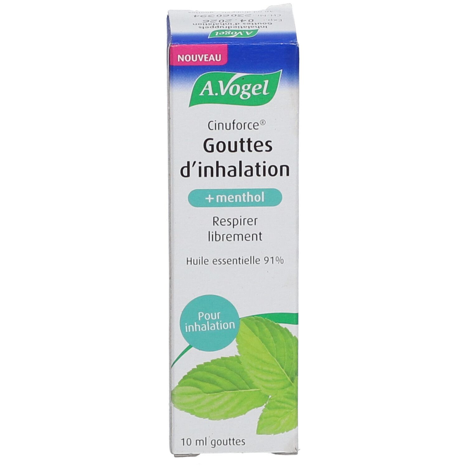Produktverpackung. Beschriftung: A.Vogel Cinuforce Gouttes d'inhalation + menthol.