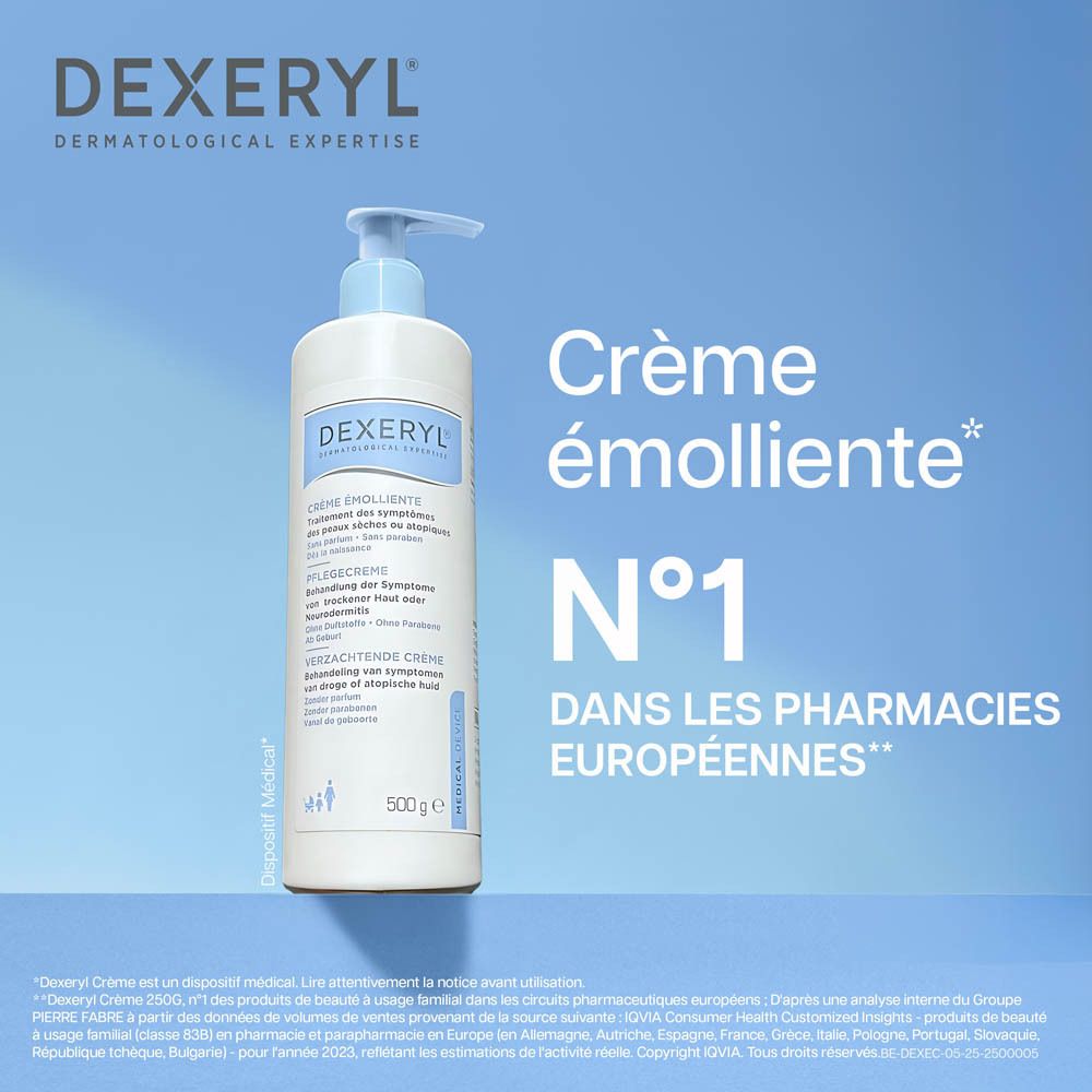 Flacon blanc avec pompe bleue. Inscription DEXERYL. Texte en français. 500g.