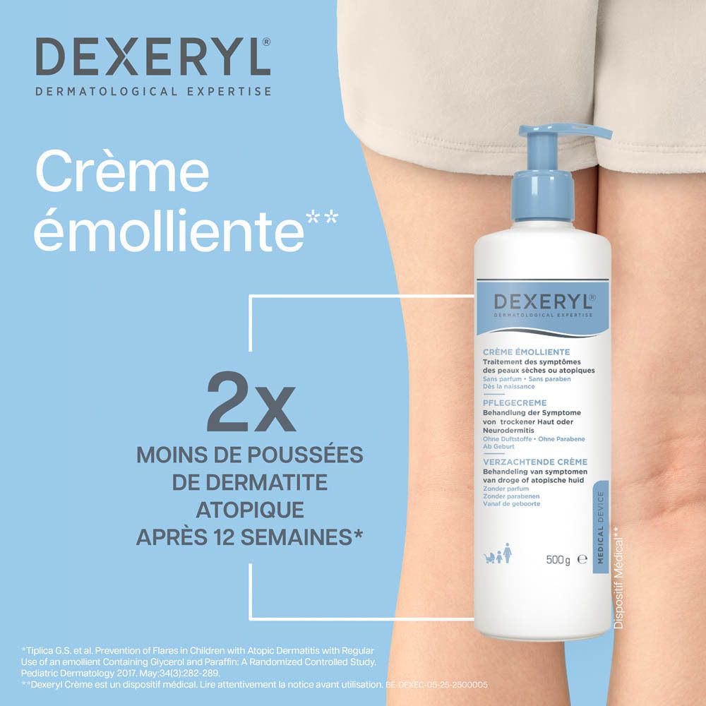Flacon blanc avec pompe bleue. Inscription DEXERYL. Texte en français. 500g.