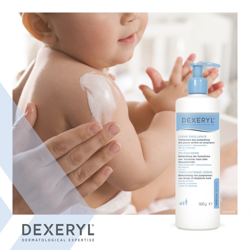 Baby, dem Creme auf die Schulter aufgetragen wird. Daneben eine Flasche DEXERYL Crème Emolliente. Text in Französisch.