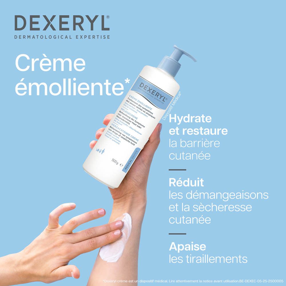 Flacon blanc avec pompe bleue. Inscription DEXERYL. Texte en français. 500g.