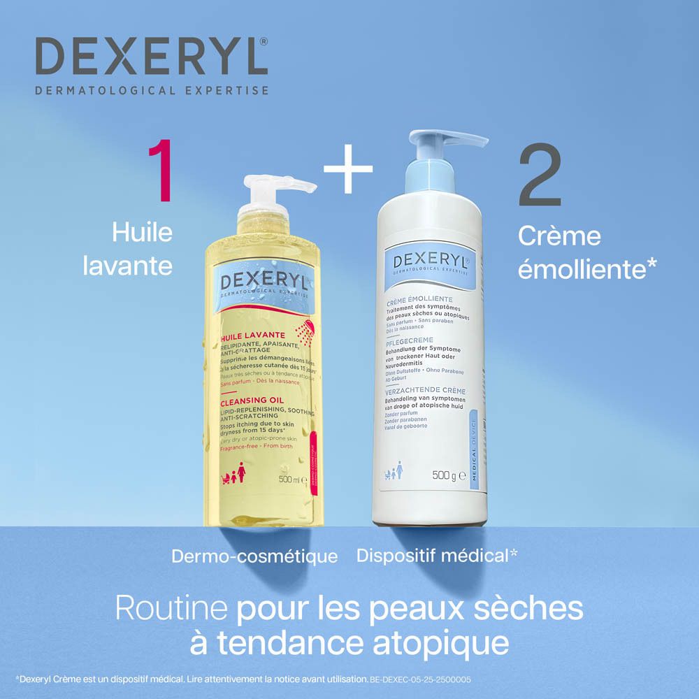 Flacon blanc avec pompe bleue. Inscription DEXERYL. Texte en français. 500g.
