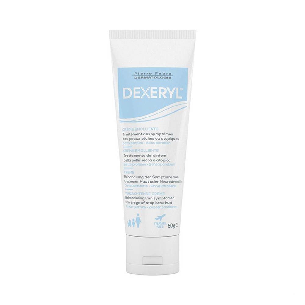 Creme-Tube Dexeryl. Weiß, mit blauer Schrift. Enthält 50g. Text in Französisch, Deutsch, Italienisch. Dermatologische Pflege.
