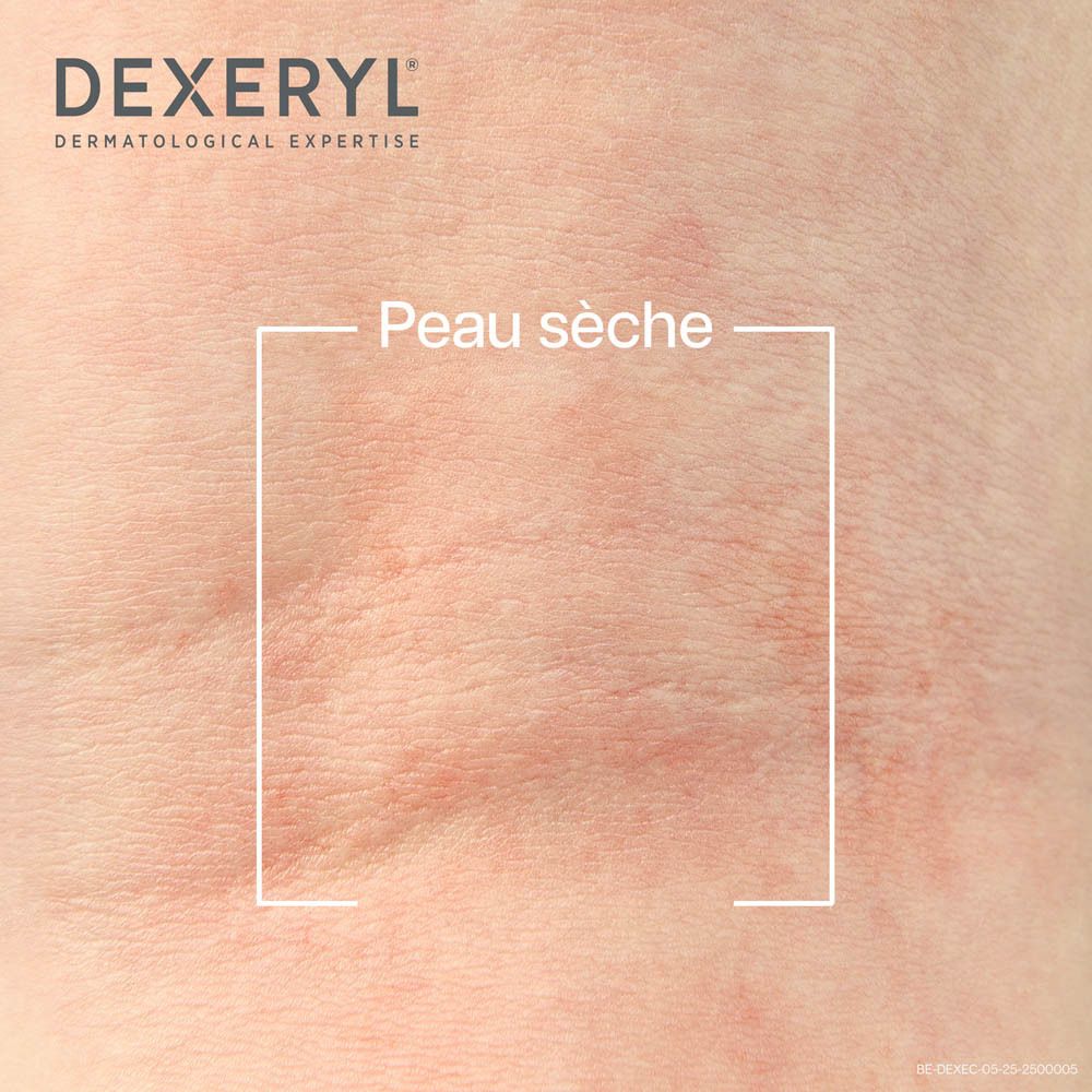 Tube de crème Dexeryl, blanc, texte bleu. Contient de la crème pour peaux sèches. 50g.