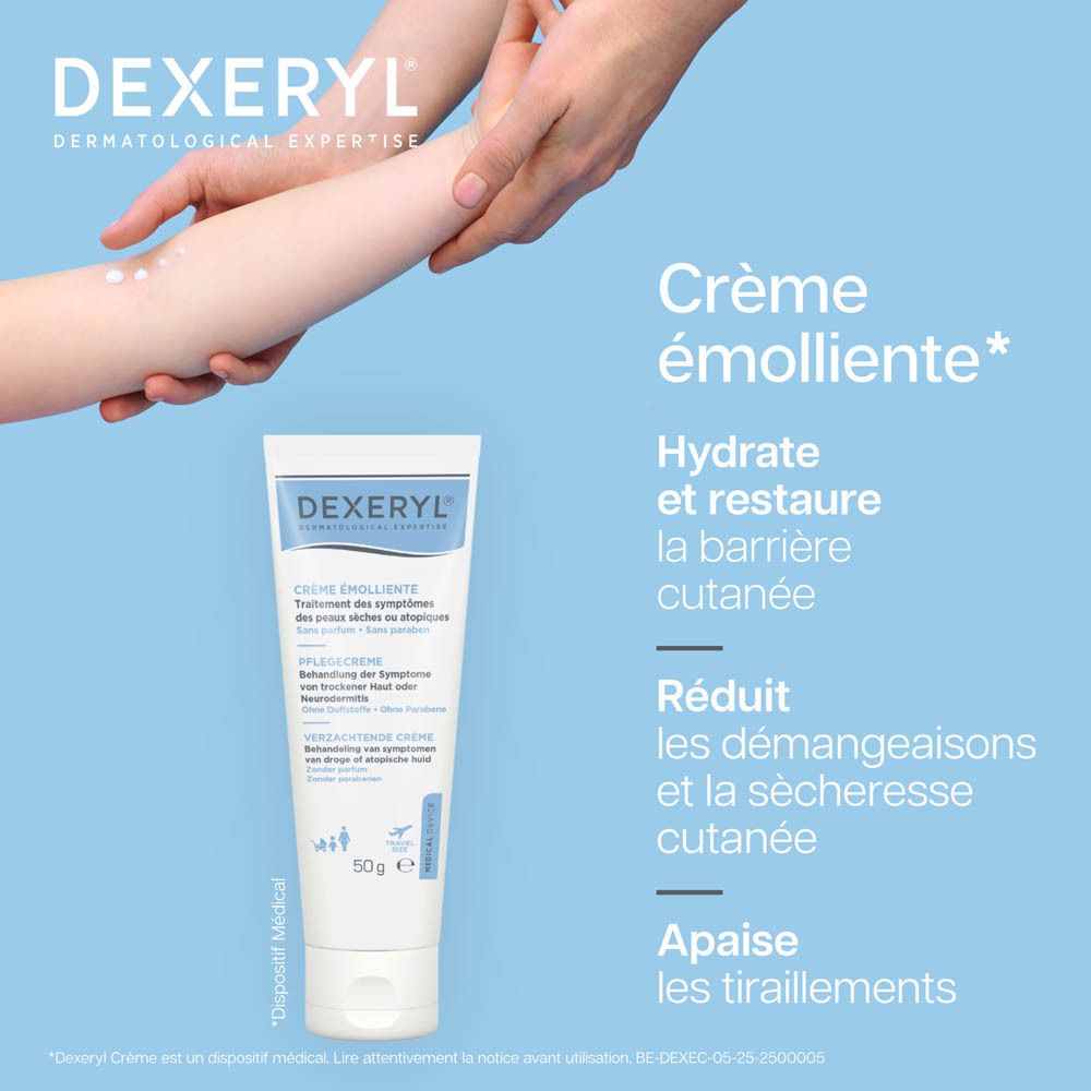Tube de crème Dexeryl, blanc, texte bleu. Contient de la crème pour peaux sèches. 50g.