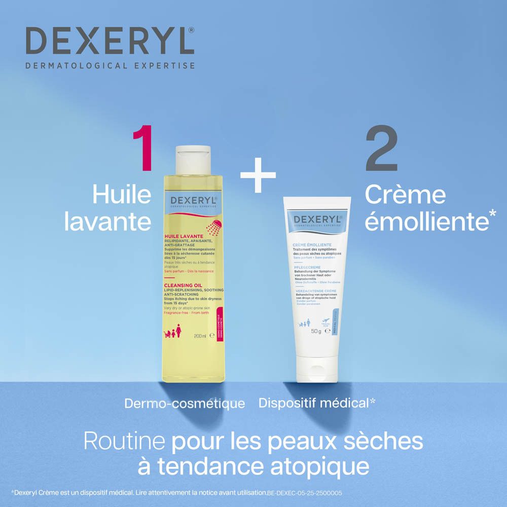 Tube de crème Dexeryl, blanc, texte bleu. Contient de la crème pour peaux sèches. 50g.