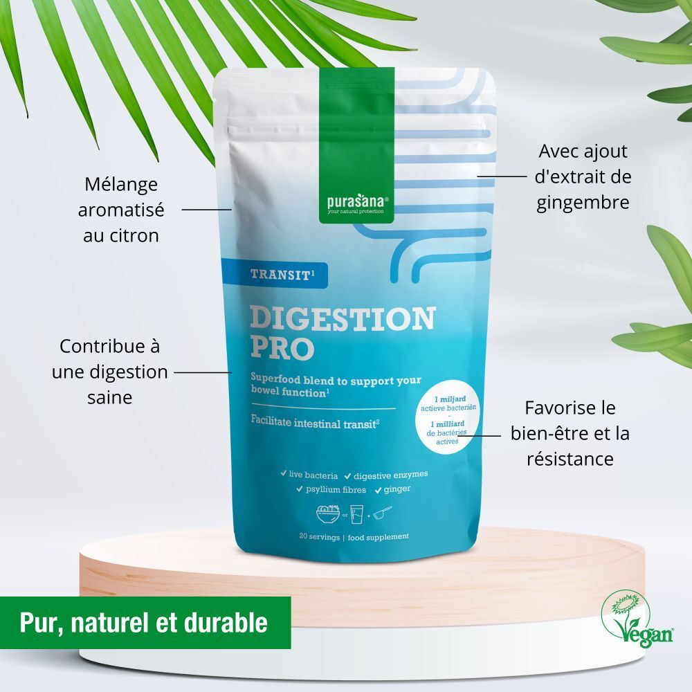 Emballage produit avec texte. Contient Digestion Pro. Arôme citron. Label Vegan.