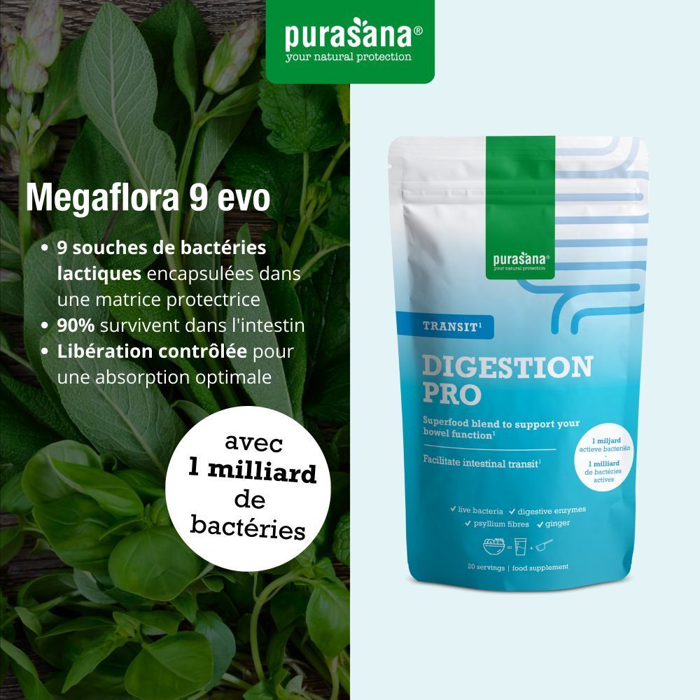 Emballage produit avec texte. Contient Digestion Pro. Avec 1 milliard de bactéries. Entouré de feuilles.