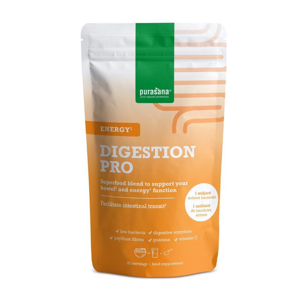 Zakje Purasana® Digestion Pro Energie. Oranje-wit ontwerp met productinfo en logo.