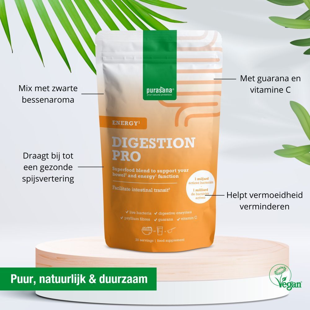 Purasana® Digestion Pro Energie zakje. Zwarte bessen aroma, guarana en vitamine C. Vegan.