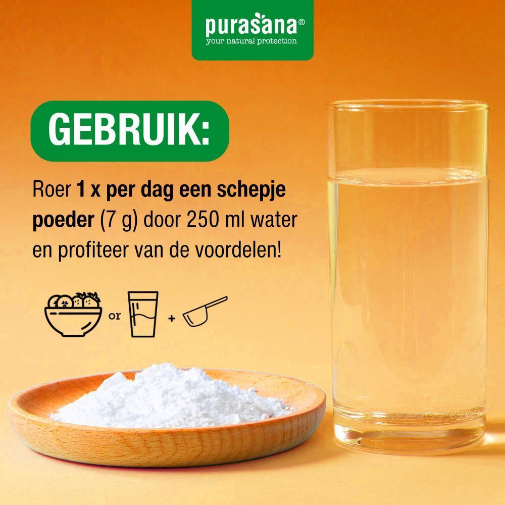 Instructies voor het bereiden van Purasana® Digestion Pro Energie. Poeder mengen in water. Glas, kom, lepel.
