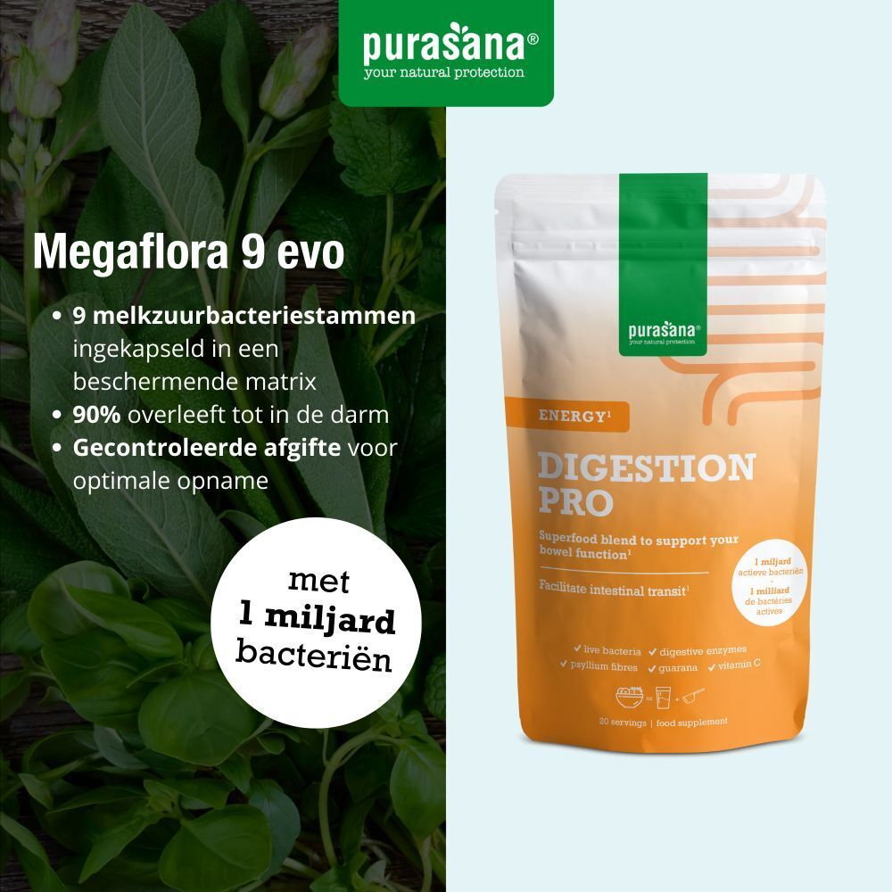 Purasana® Digestion Pro Energie zakje en Megaflora 9 evo. Met 1 miljard bacteriën.