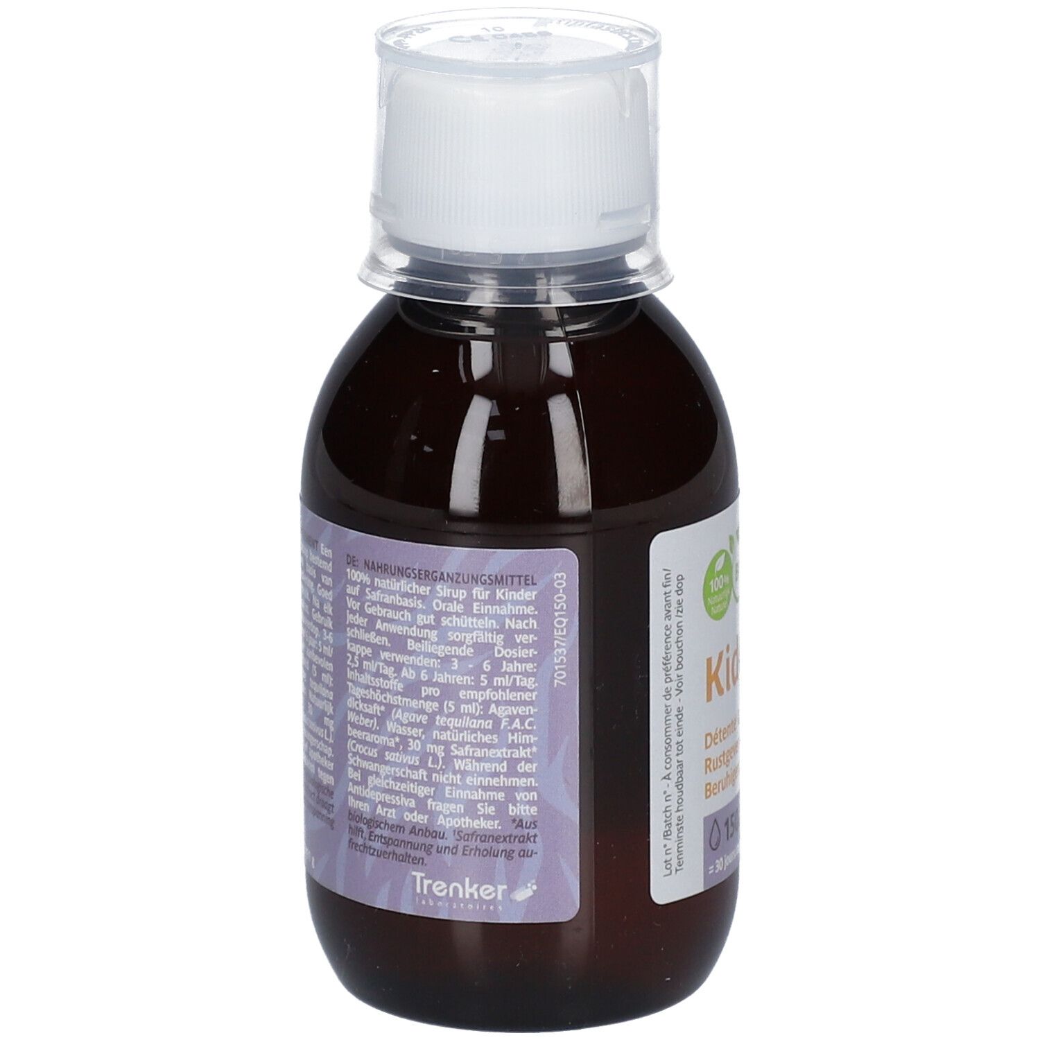 Achterkant van een bruine fles met witte dop. Etiket met tekst. Productnaam: KidCool Safran.