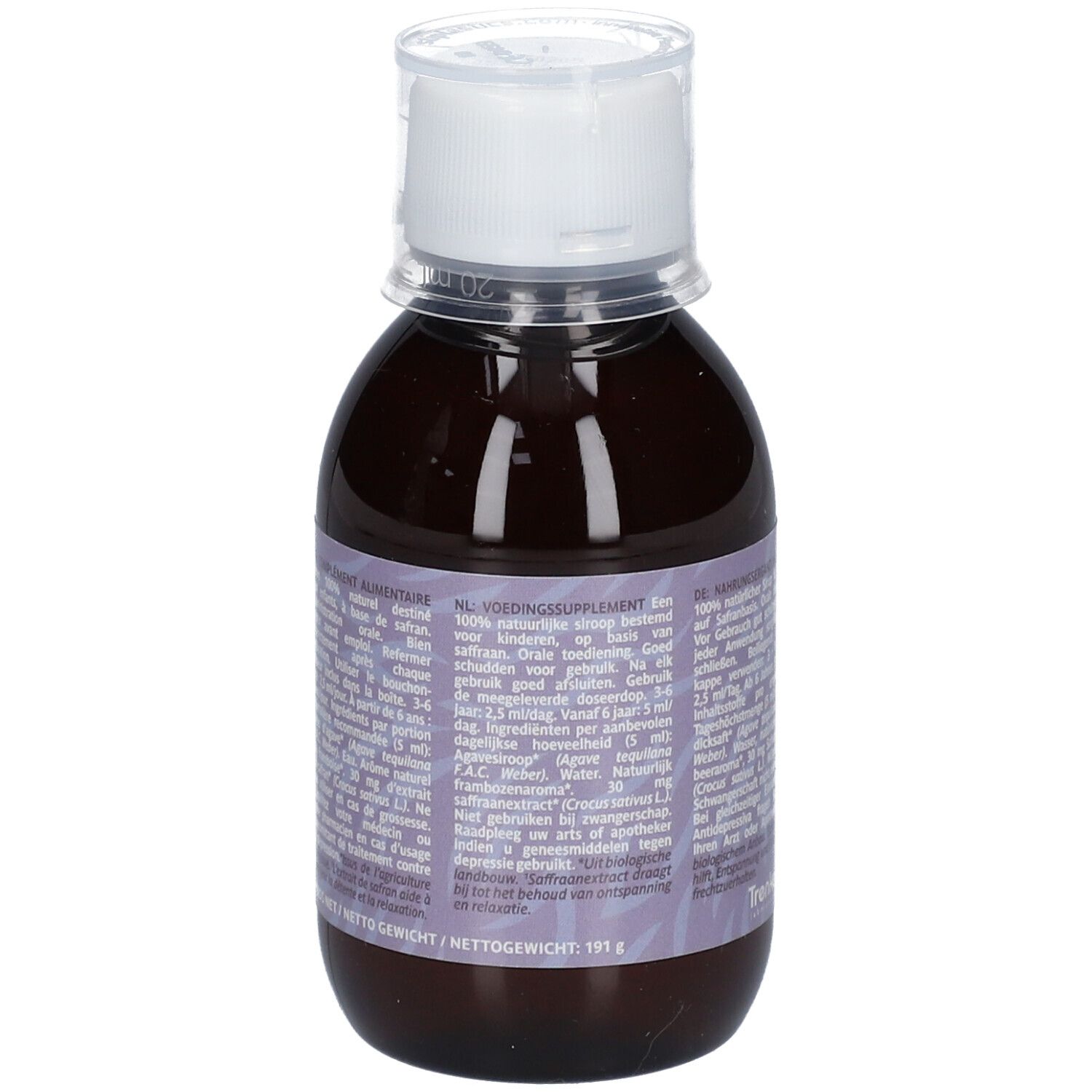 Achterkant van een bruine fles met witte dop. Etiket met tekst. Productnaam: KidCool Safran.