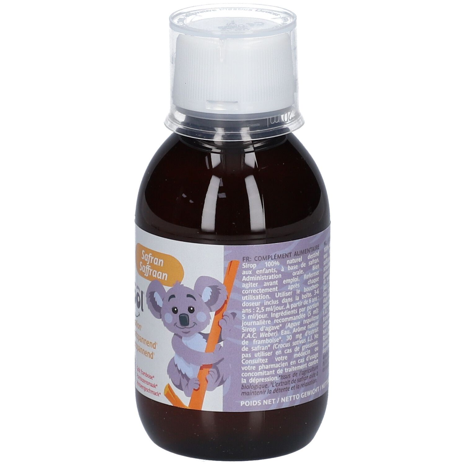 Bruine fles met witte dop. Etiket met tekst en koala-illustratie. Productnaam: KidCool Safran.