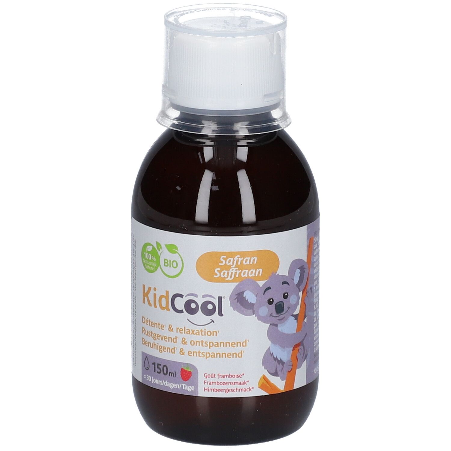 Bruine fles met witte dop. Etiket met tekst en koala-illustratie. 100% Bio-label. Productnaam: KidCool Safran.