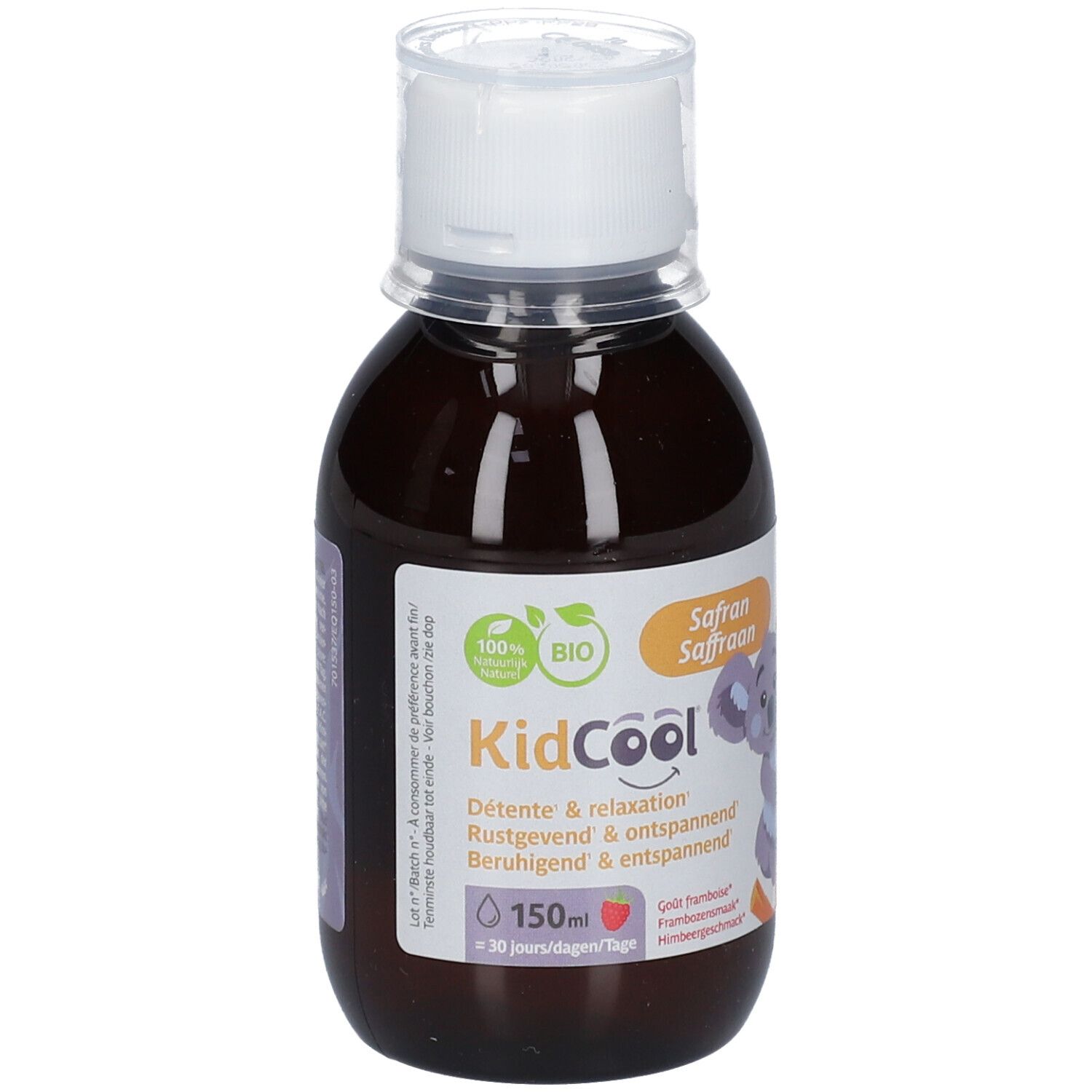 Bruine fles met witte dop. Etiket met tekst en koala-illustratie. 100% Bio-label. Productnaam: KidCool Safran.