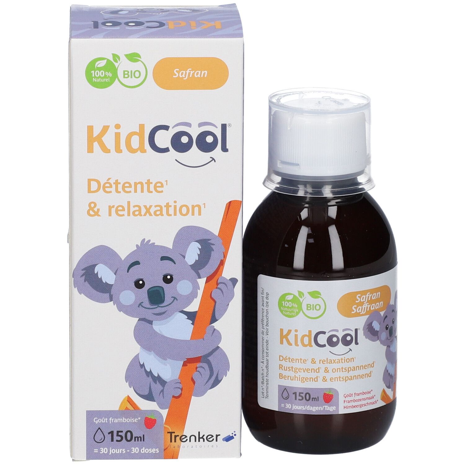 Productfles en verpakking. Verpakking met tekst, koala-illustratie en productnaam: KidCool Safran.