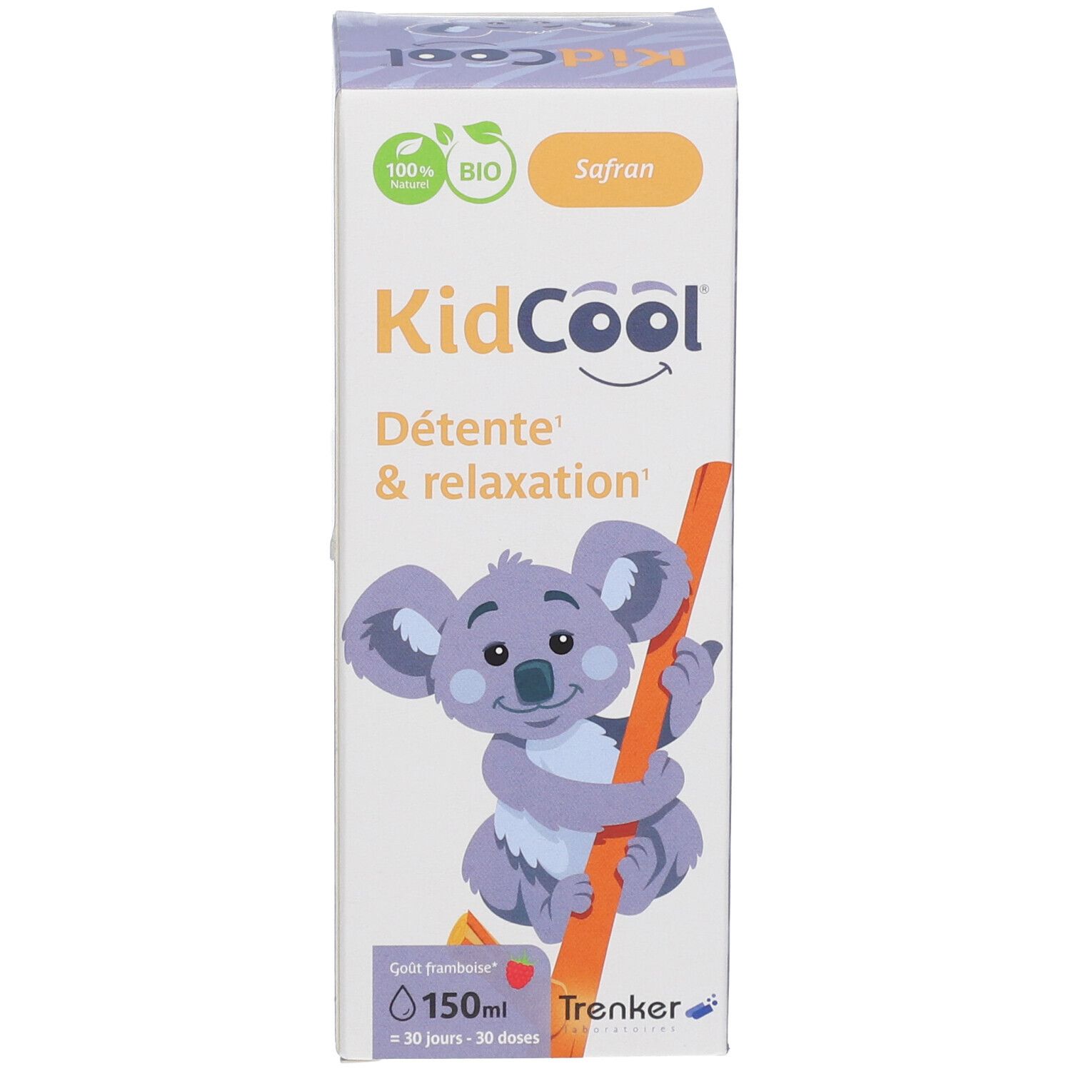 Verpakking met tekst, koala-illustratie en productnaam: KidCool Safran.