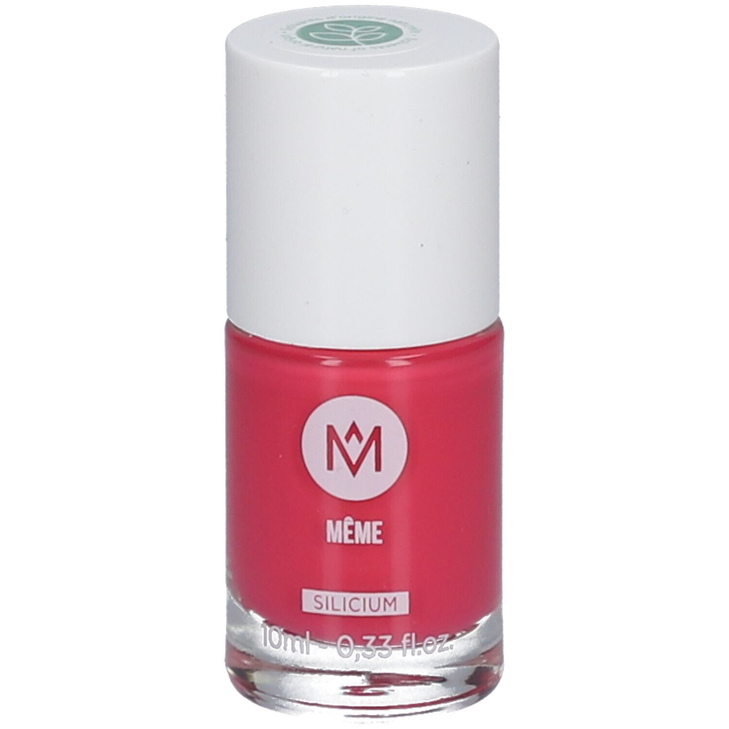 Flacon de vernis à ongles rose. Bouchon blanc avec logo vert. Inscription : MÊME, Silicium.