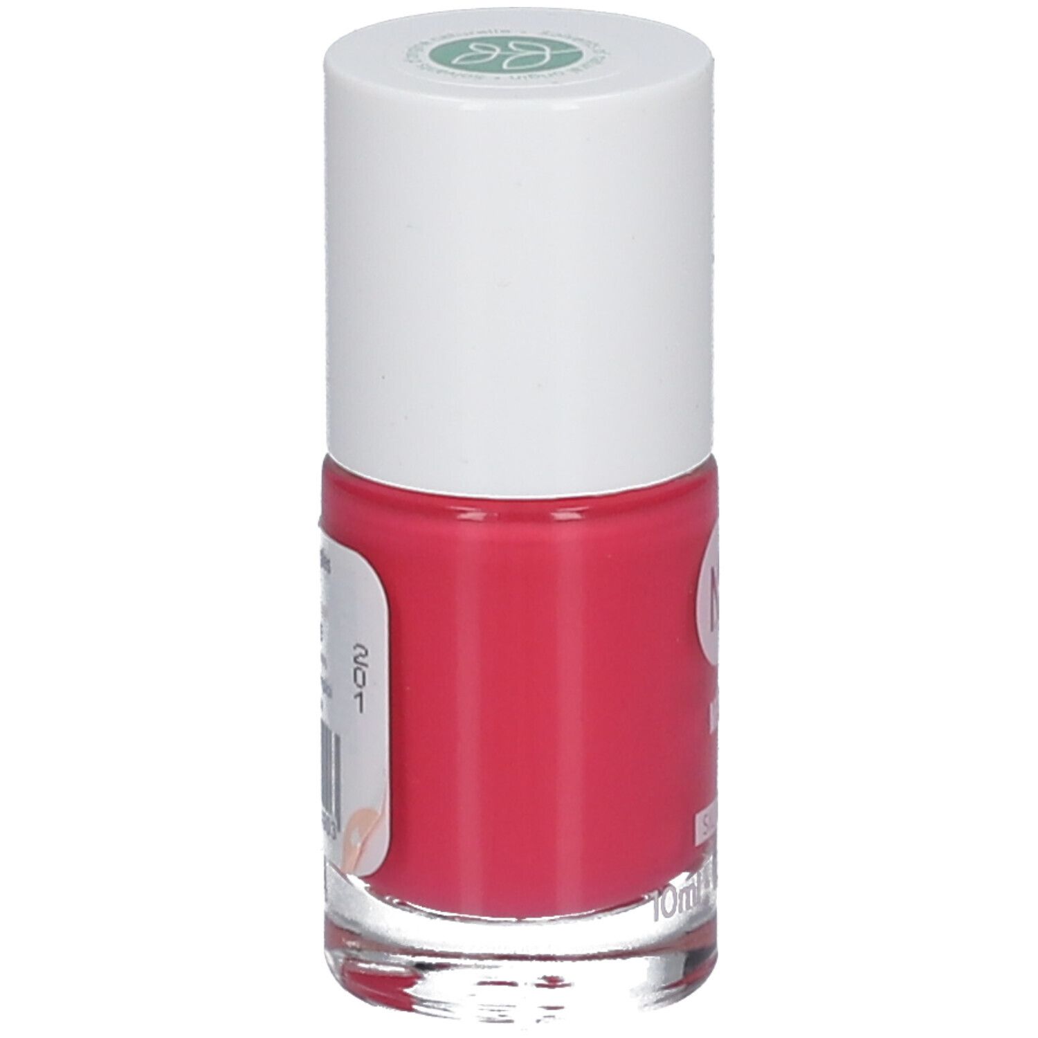 Flacon de vernis à ongles rose. Bouchon blanc avec logo vert. Inscription : MÊME, Silicium.