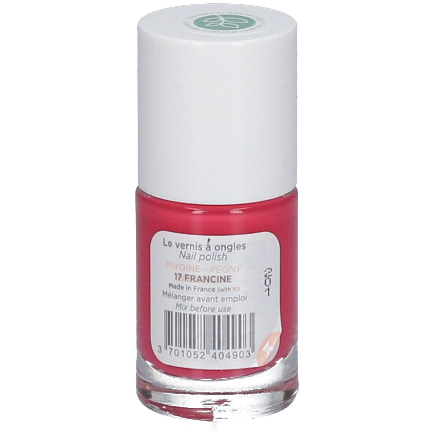 Flacon de vernis à ongles rose. Bouchon blanc avec logo vert. Inscription : MÊME, Silicium.