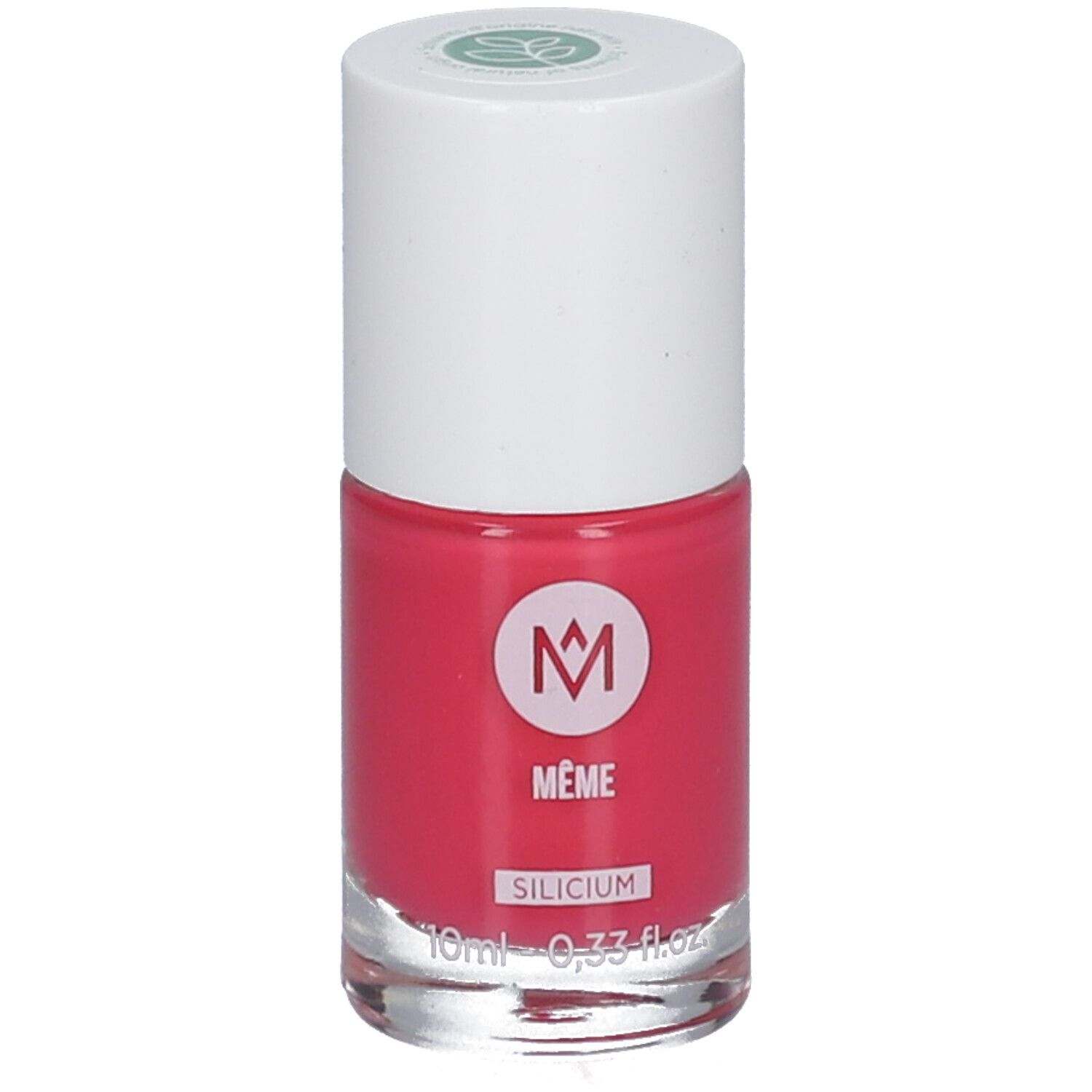Flacon de vernis à ongles rose. Bouchon blanc avec logo vert. Inscription : MÊME, Silicium.