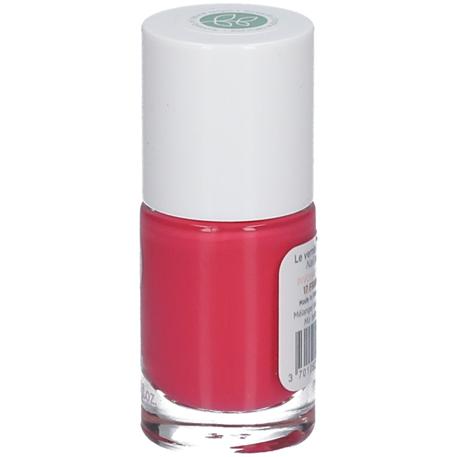 Flacon de vernis à ongles rose. Bouchon blanc avec logo vert. Inscription : MÊME, Silicium.